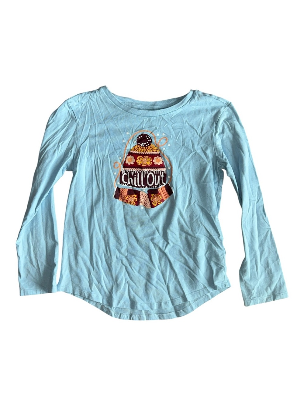 dip Light Blue Long-Sleeve Tee with Colorful Knit-Hat Graphic Size M 8/10